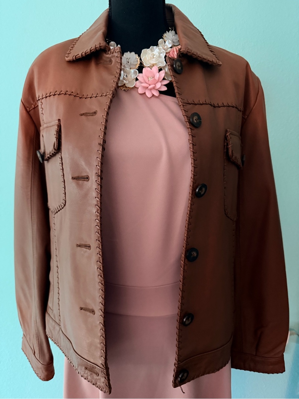 Women's Brown Leather Button-Front Jacket